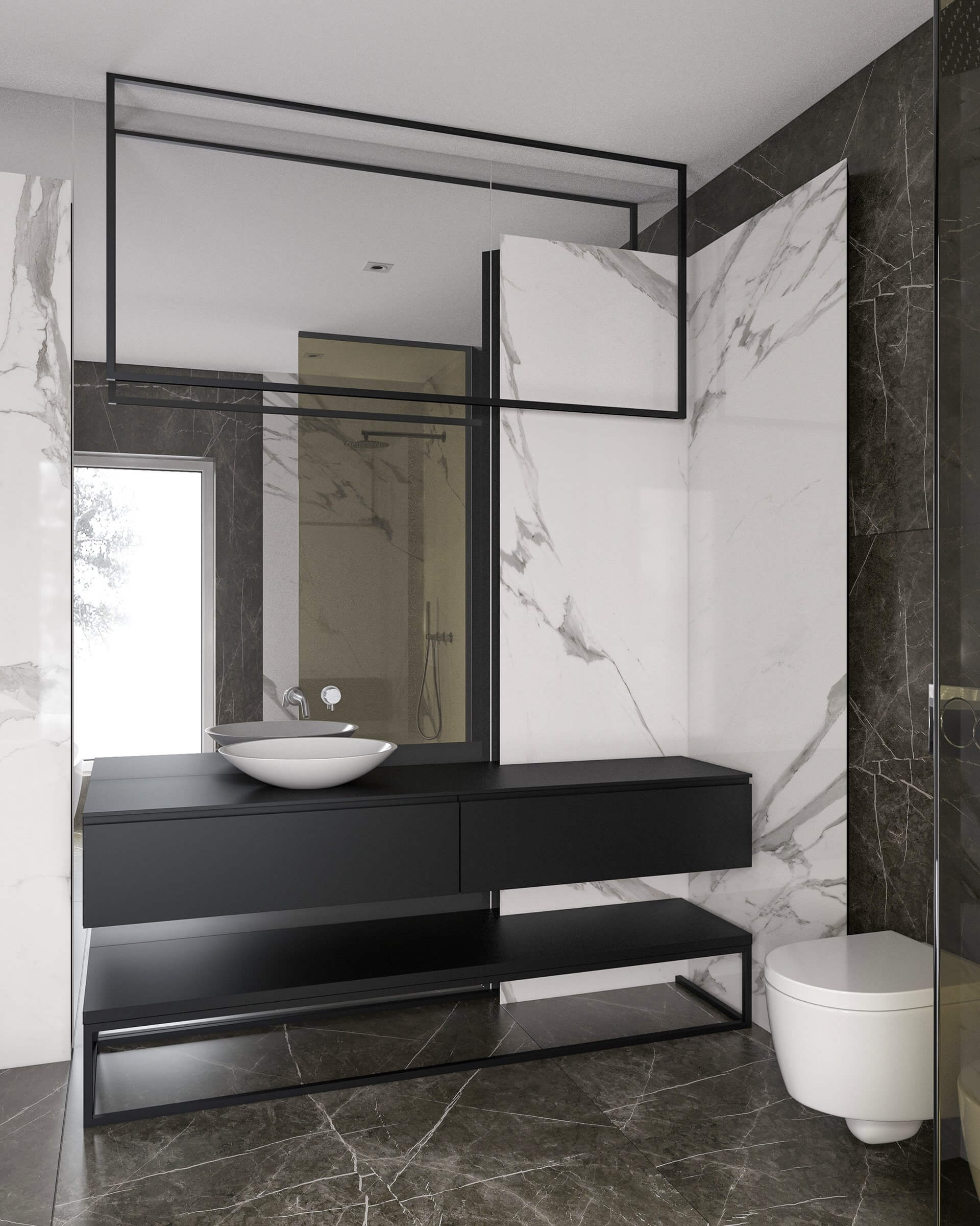 Stylish interior concept design bathroom cabinet wood marble walls white - cgi visualization