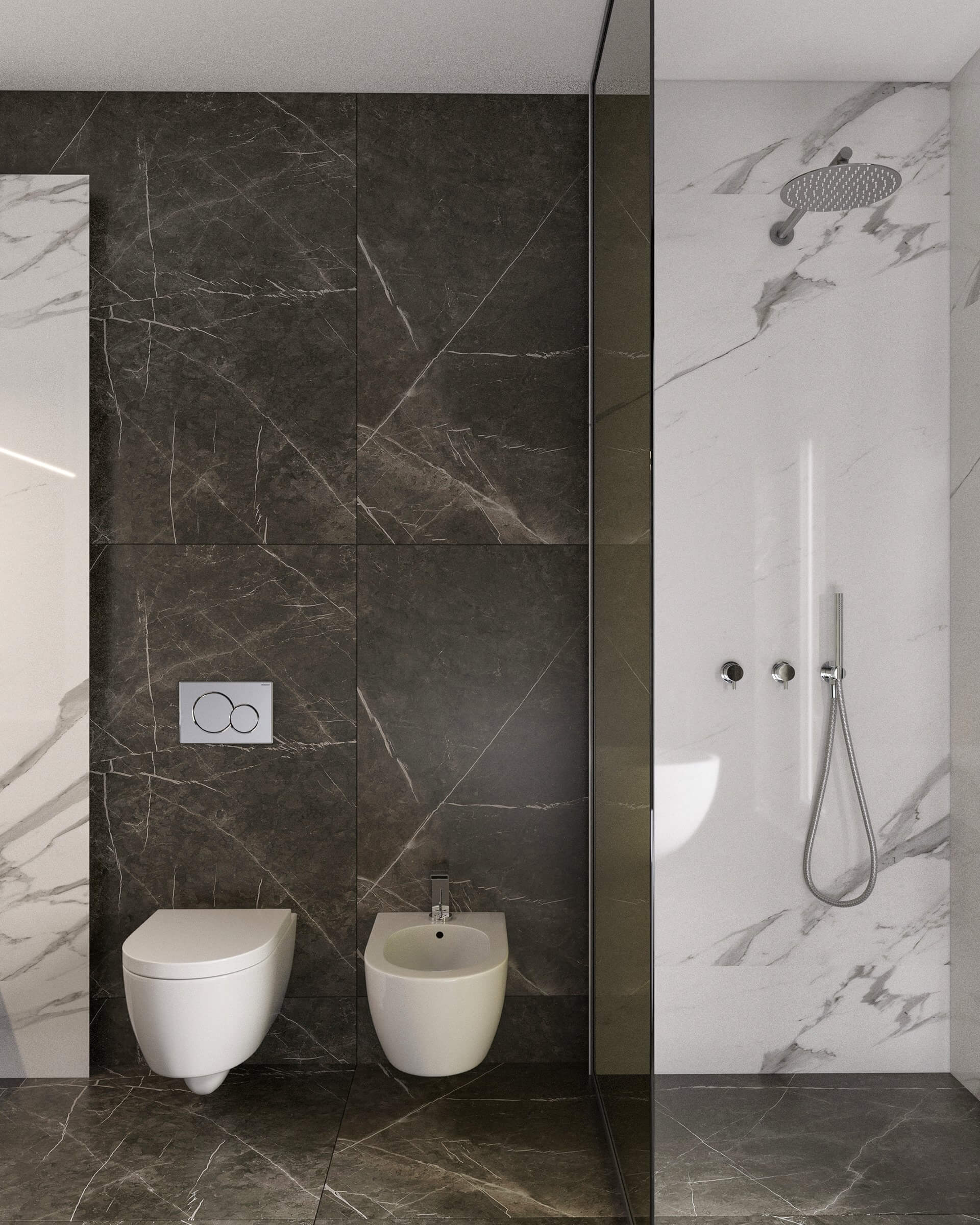 Stylish interior concept design bathrrom shower wc stone floor marble walls - cgi visualization