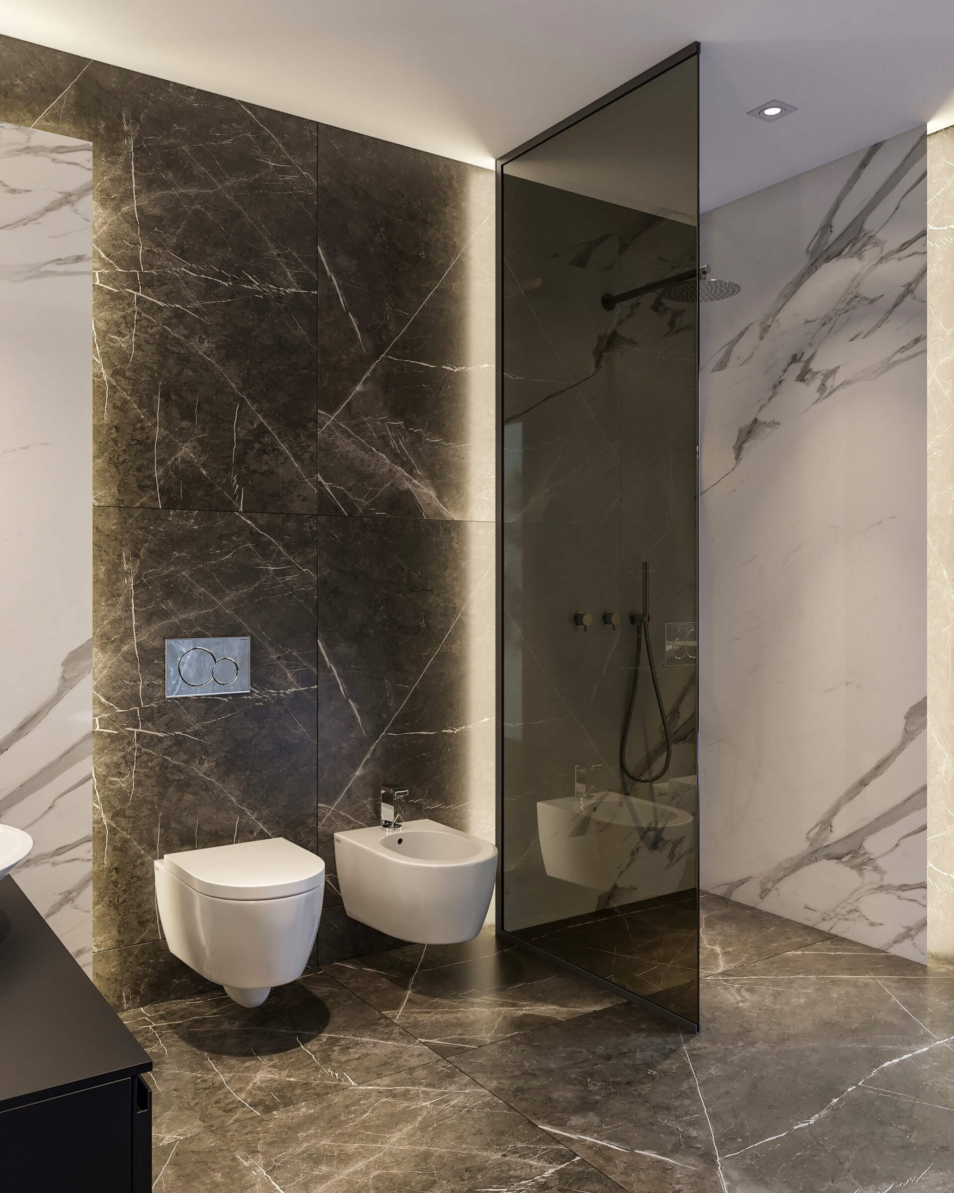 Stylish interior concept design bathrrom wc stone floor marble walls - cgi visualization
