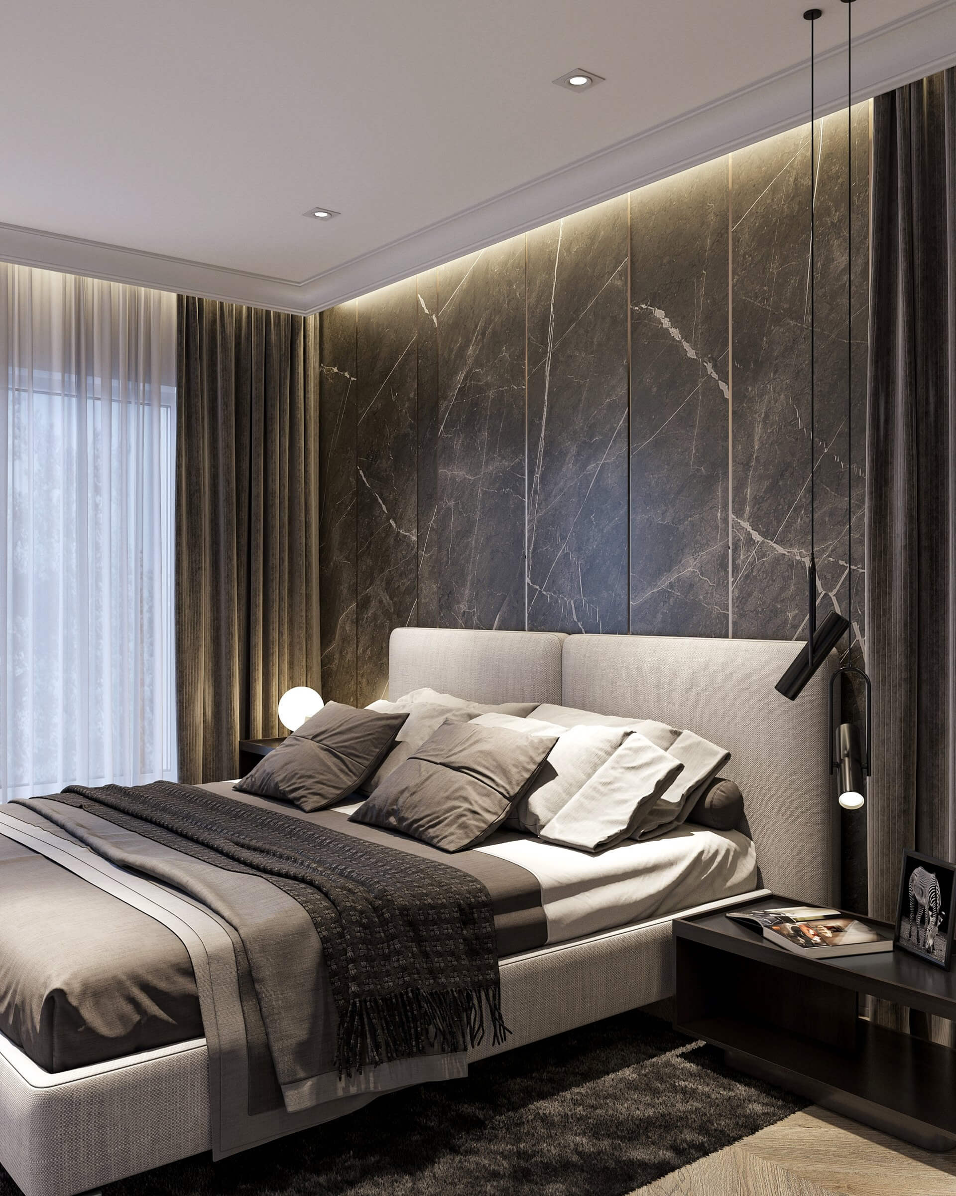 Stylish interior concept design bedroom bed fabric lights on - cgi visualization