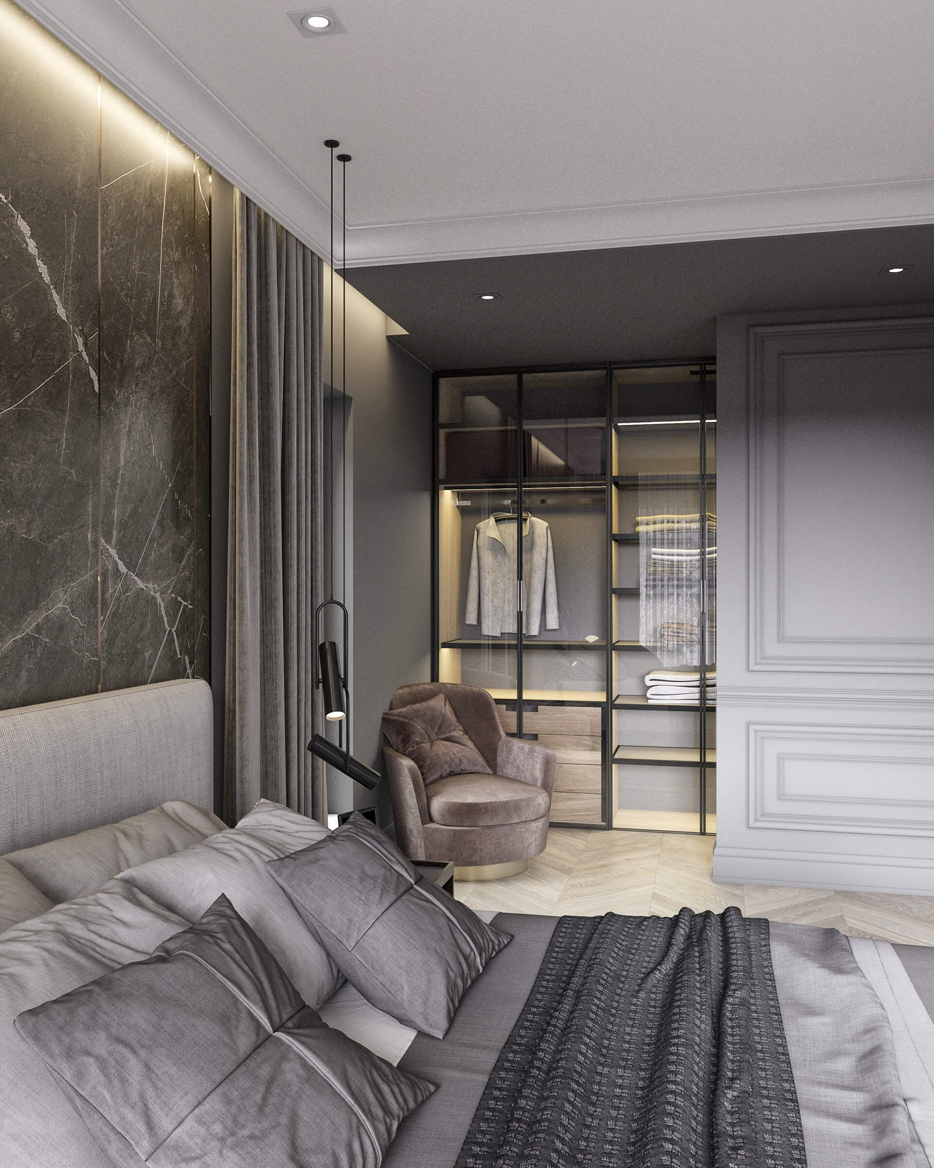 Stylish interior concept design bedroom with wardrobe - cgi visualization