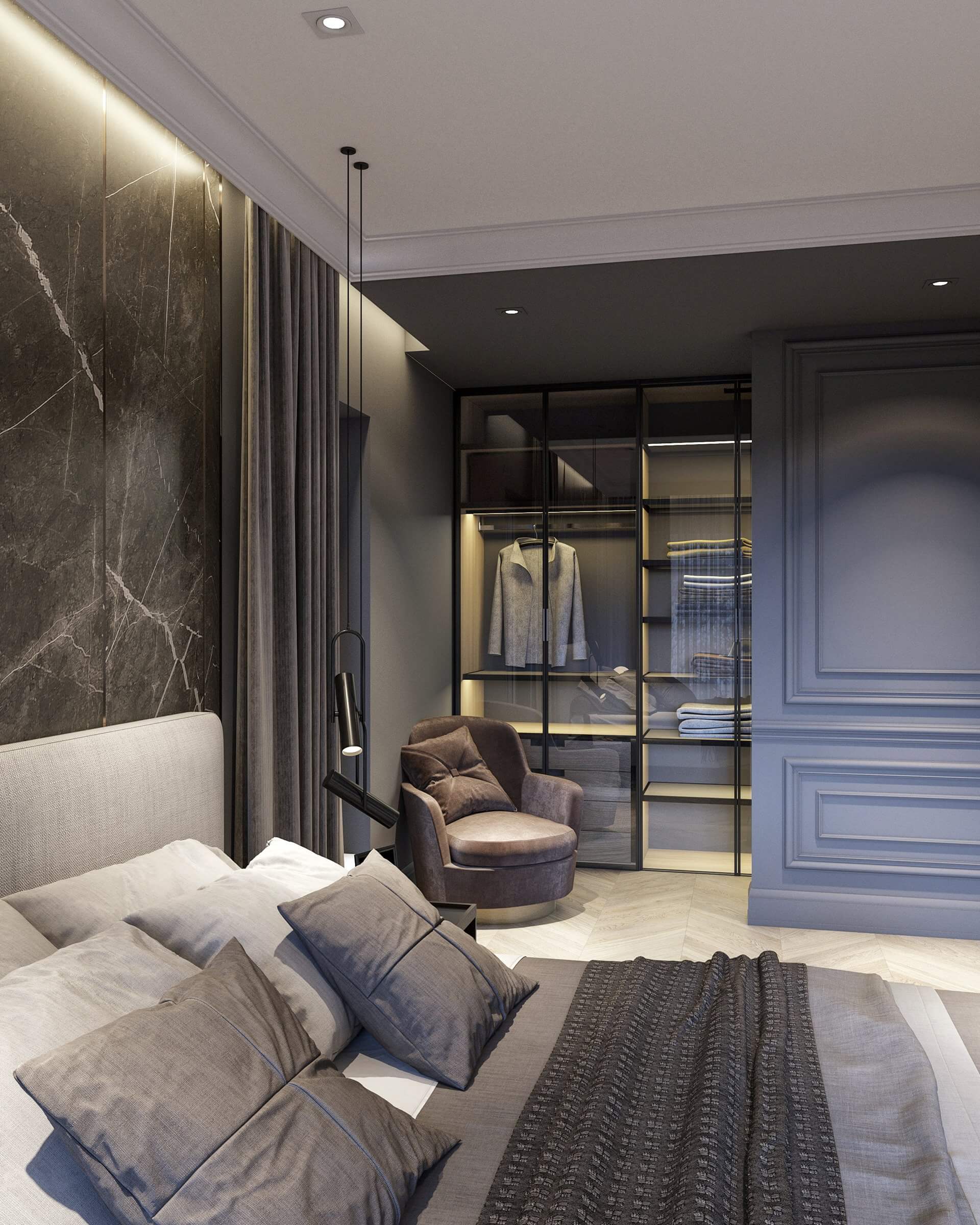 Stylish interior concept design bedroom with wardrobe lights on - cgi visualization