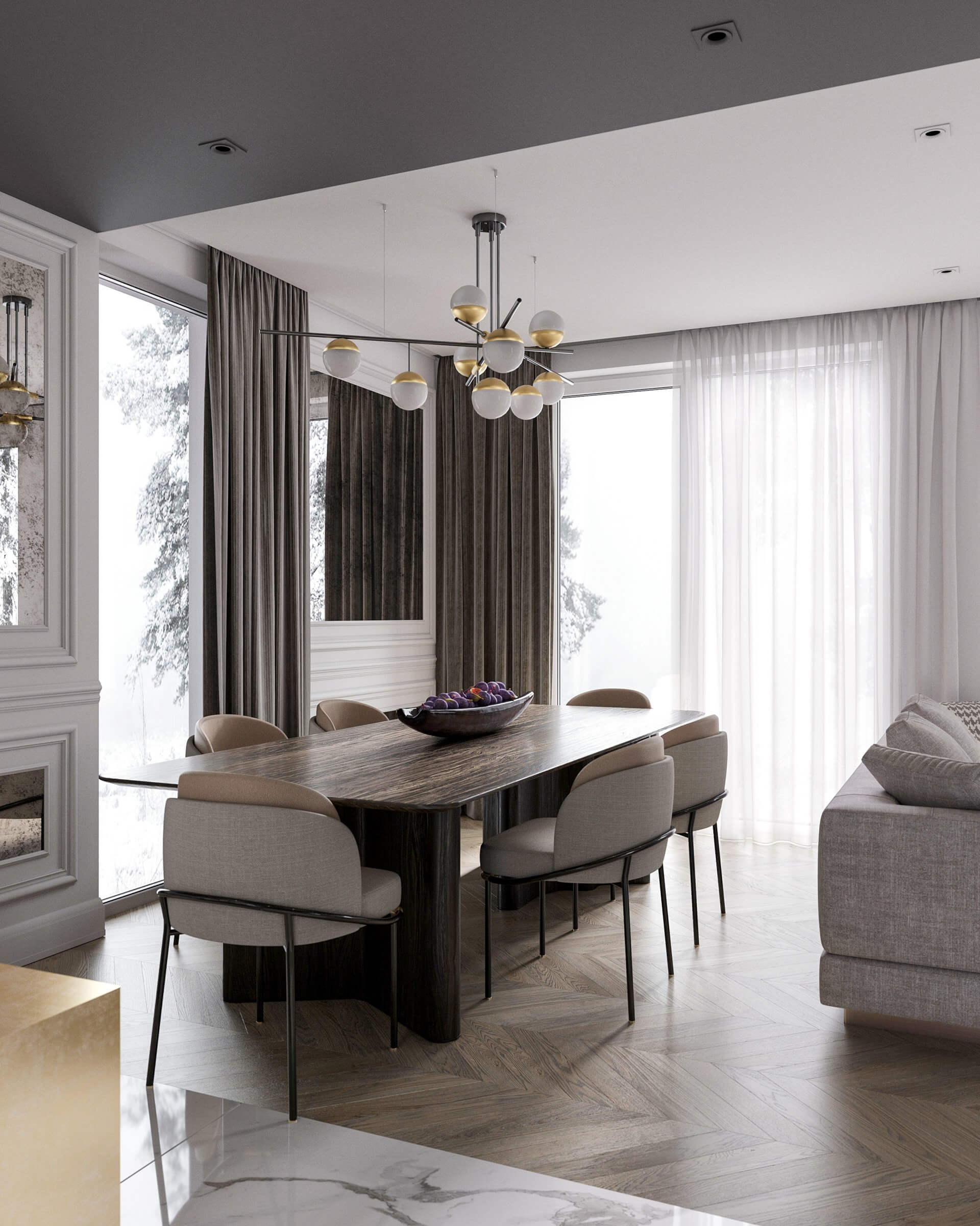 Stylish interior concept design dining room wood table - cgi visualization