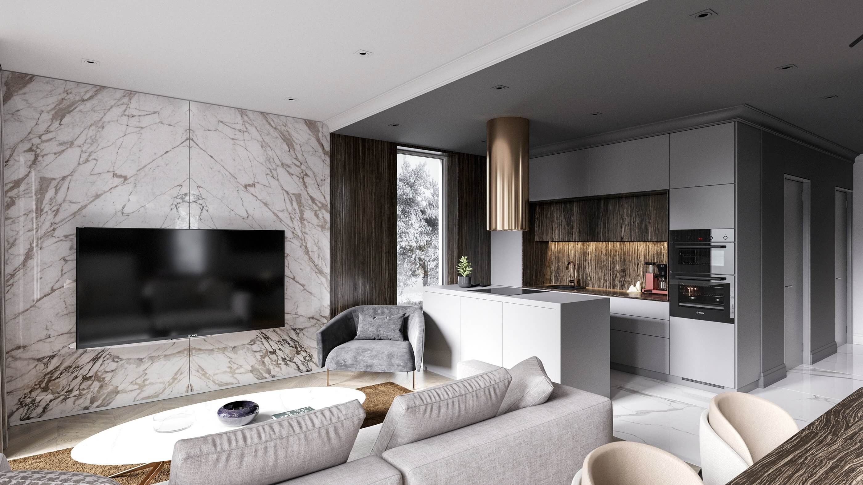 Stylish interior concept design kitchen and living room - cgi visualization