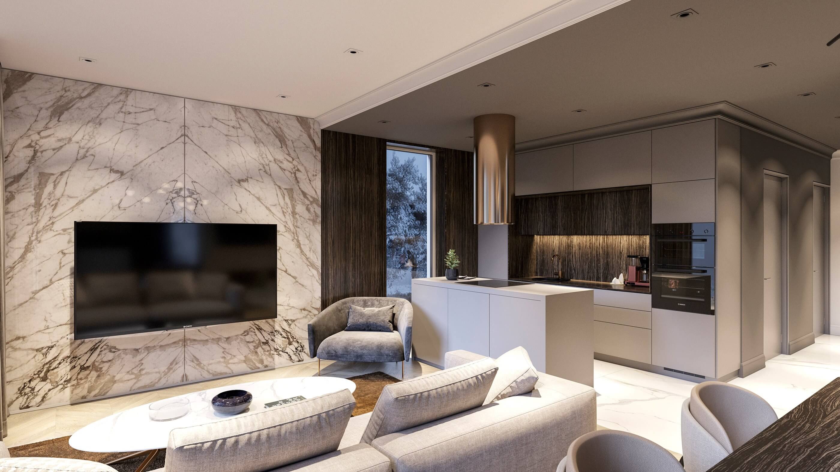 Stylish interior concept design kitchen and living room lights - cgi visualization