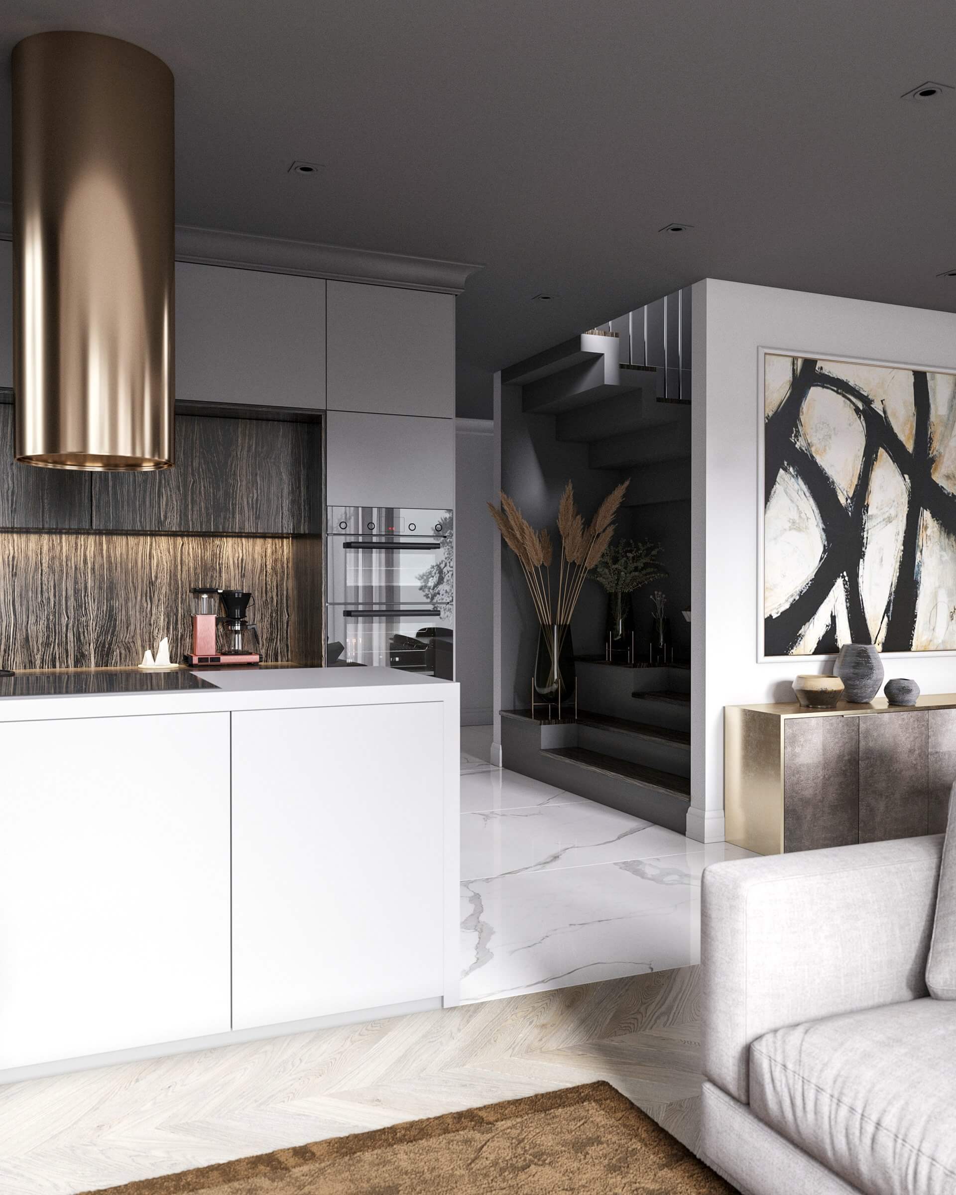 Stylish interior concept design kitchen block white with golden extractor - cgi visualization
