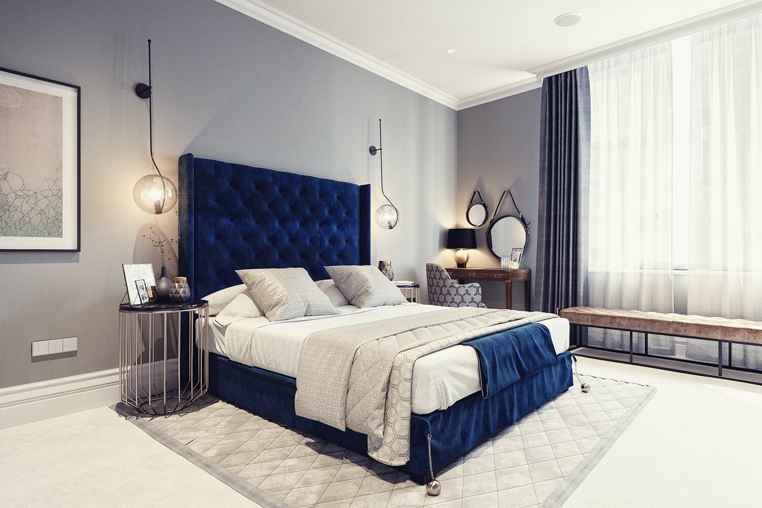 Tavistock apartment bedroom blue fabric bed - cgi visualization