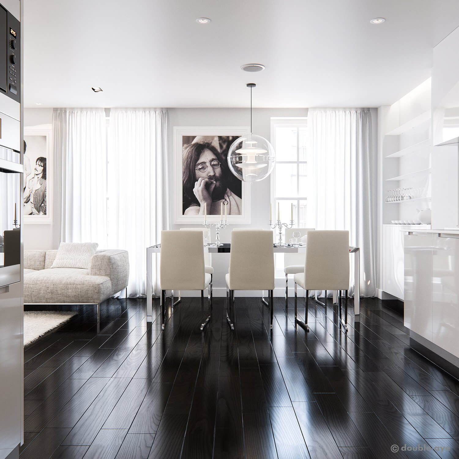The apple apartments living room dining table chrome - cgi visualization