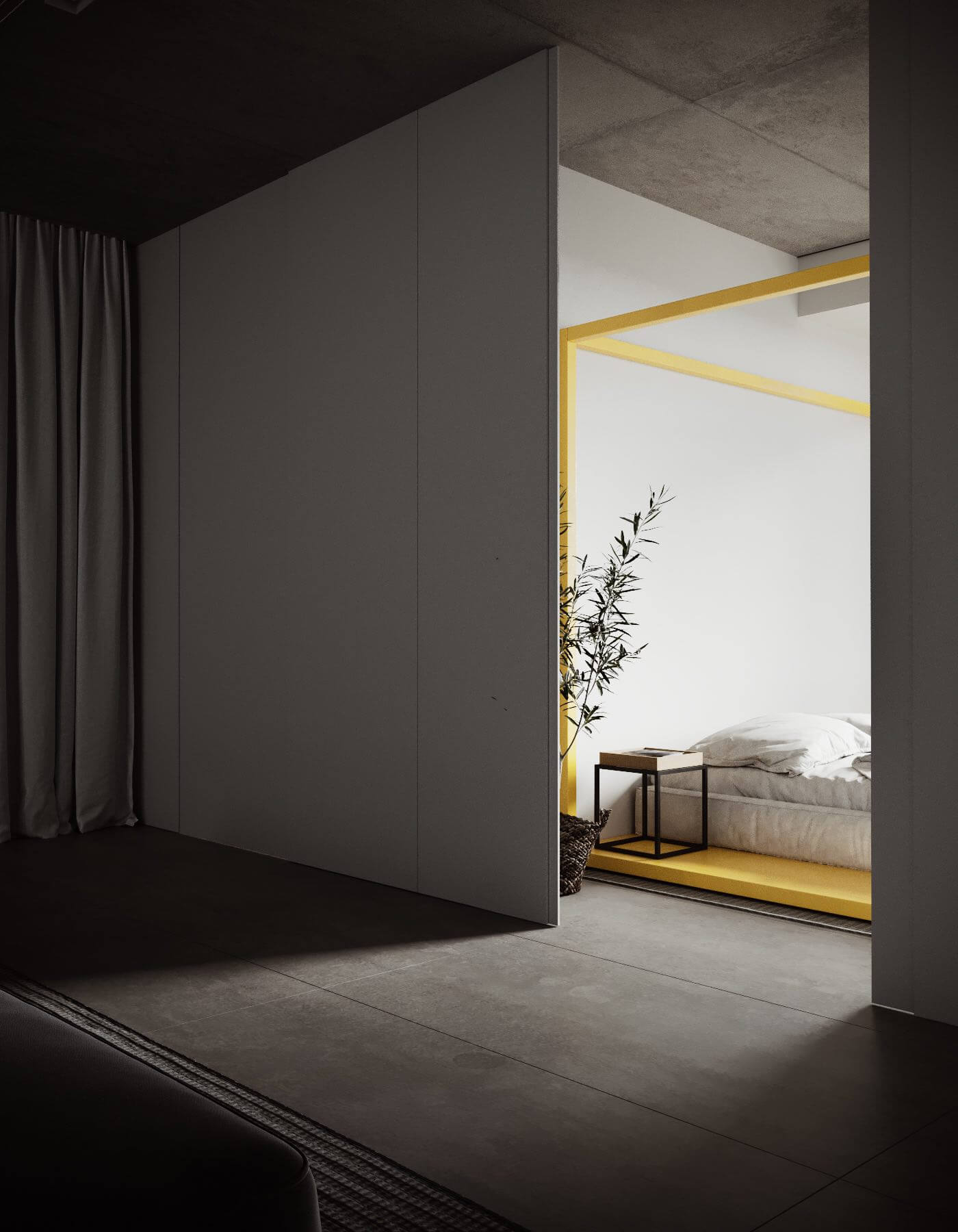 White designer loft entrance bedroom - cgi visualization