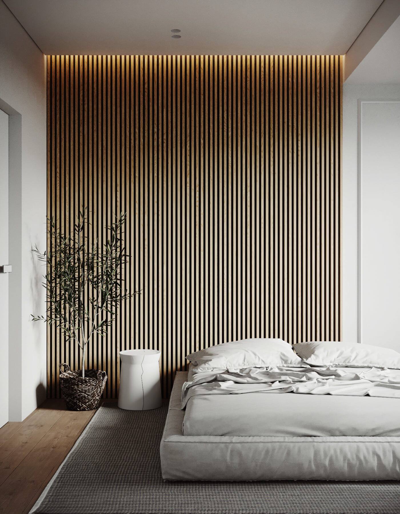 White designer loft entrance bedroom wood wall - cgi visualization