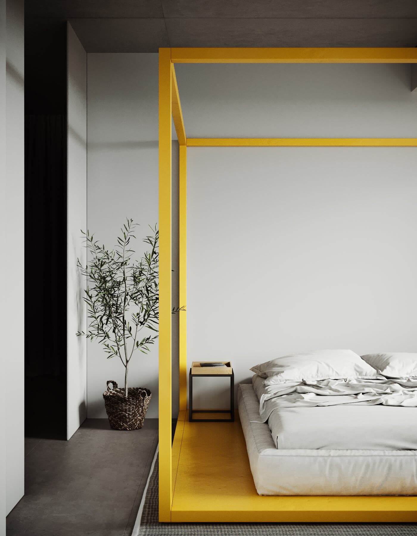 White designer loft yellow bed - cgi visualization