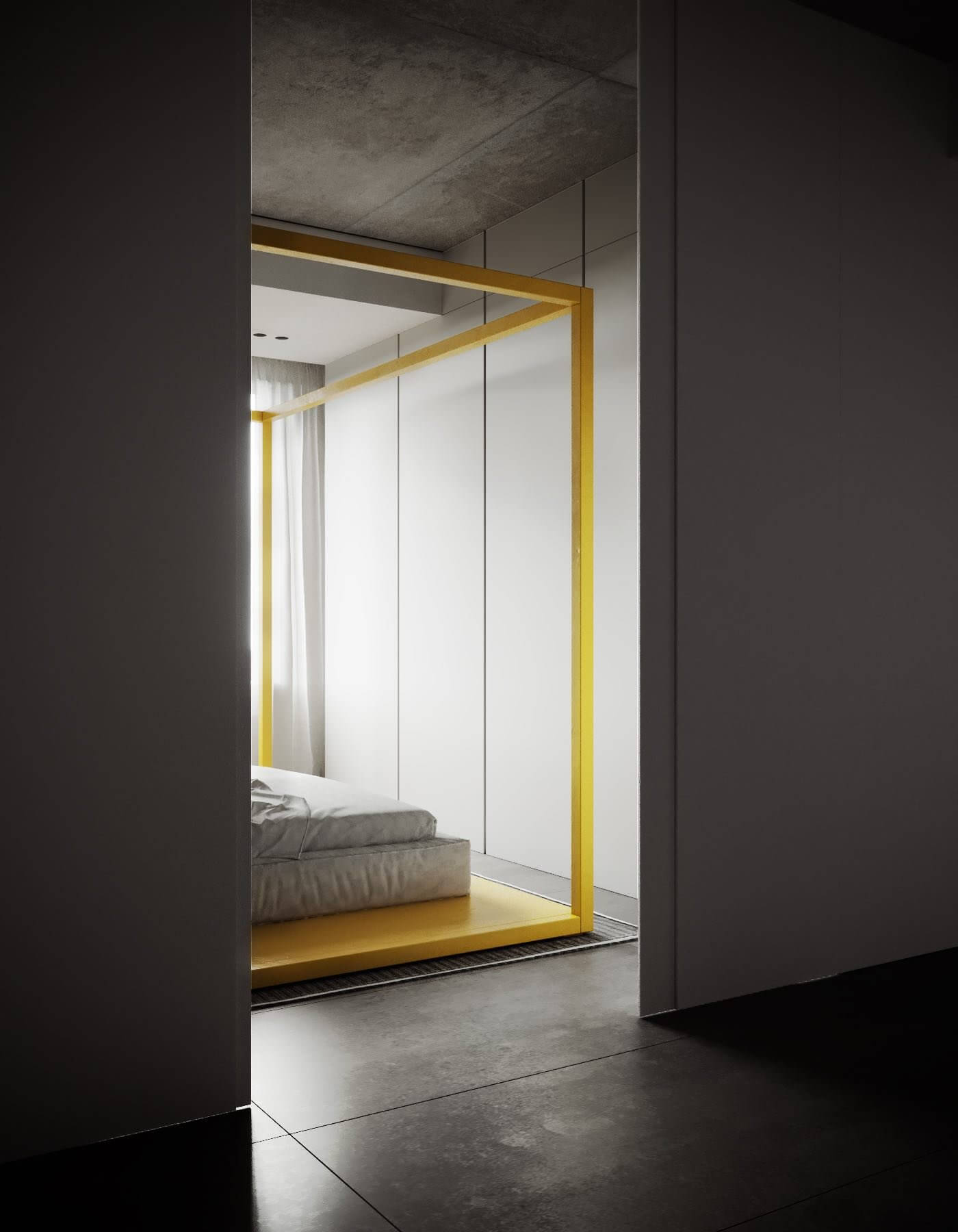 White designer loft yellow black bed bedroom - cgi visualization