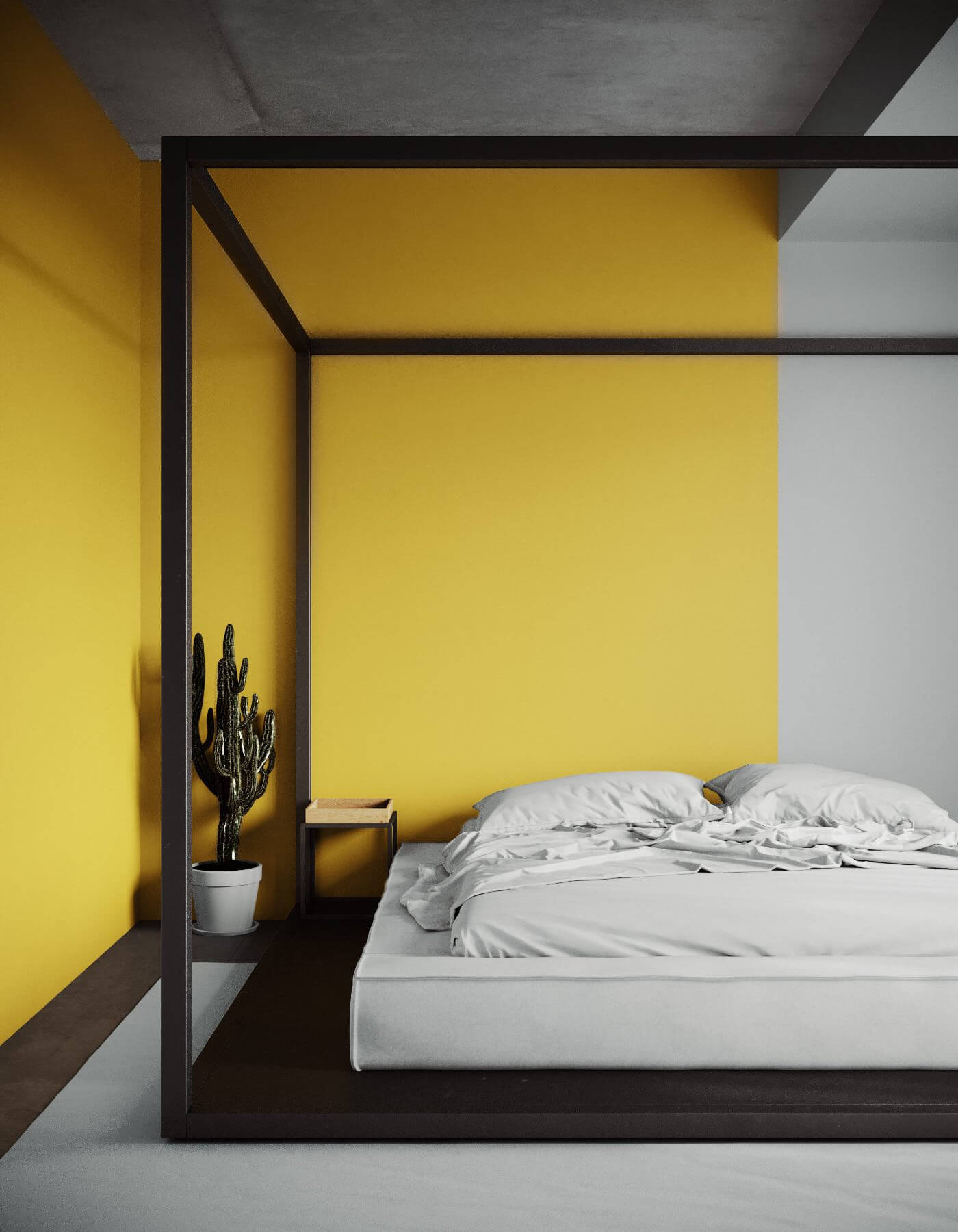 White designer loft yellow black bed - cgi visualization