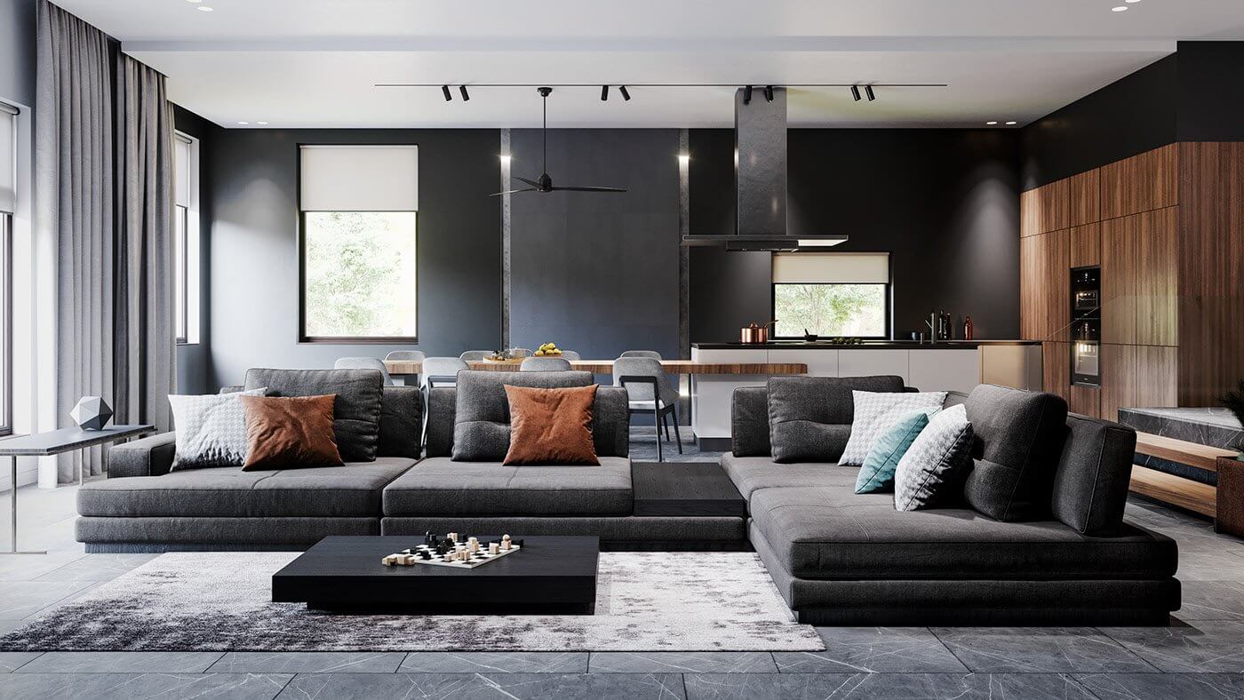 Zalomowa house living room couch fabric grey - cgi visualization