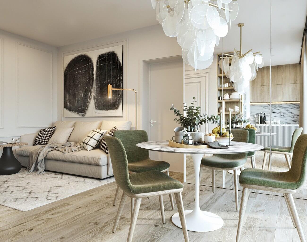apartment in Milan for a lady dining room living room - cgi visualization