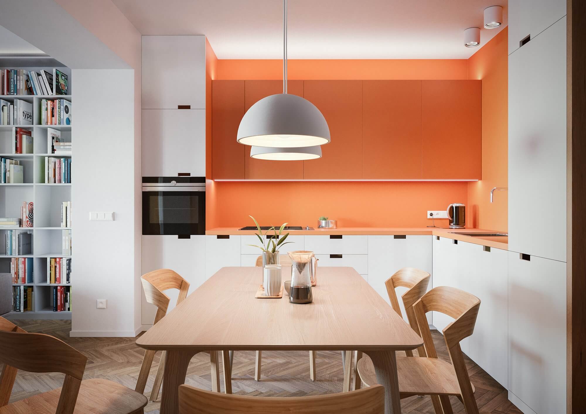 Flat Niche kitchen orange back wood table modern - cgi visualization