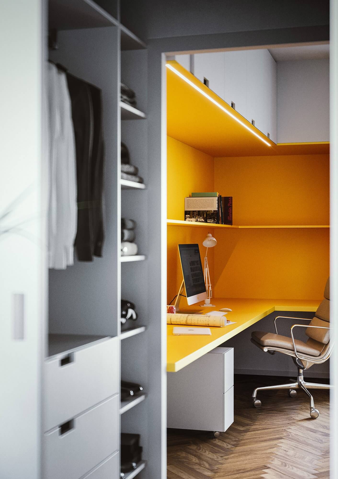 Flat Niche open wardrobe white office desk yellow orange - cgi visualization