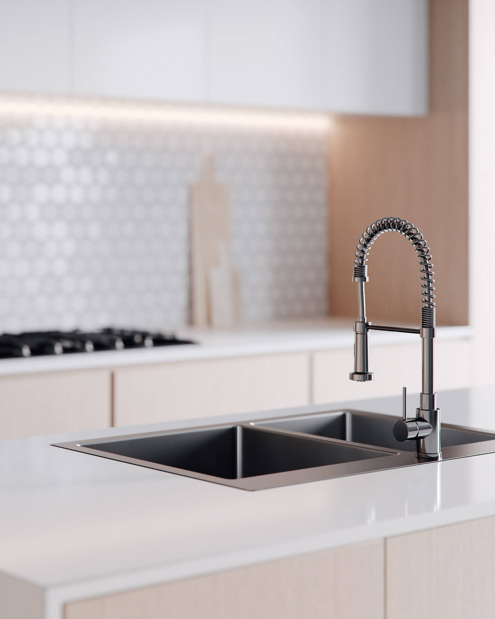 Minimalistic kitchen design wood stainless steel basin - cgi visualisation