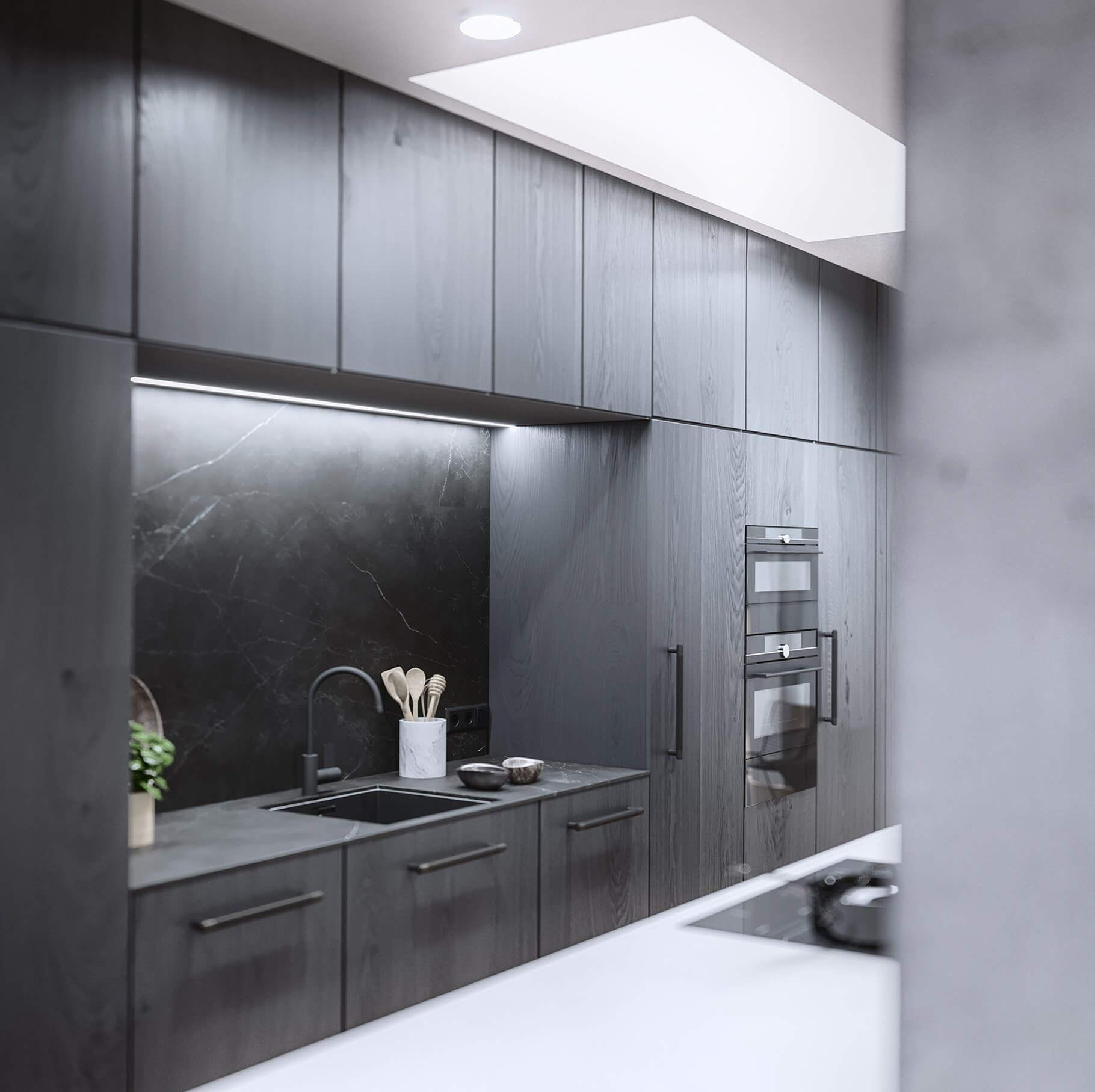 Mánesova Designer Apartment black wood kitchen stone top - cgi visualization