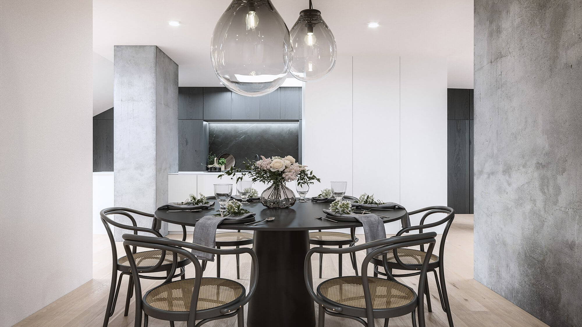 Mánesova Designer Apartment dinning room classic round wood table - cgi visualization