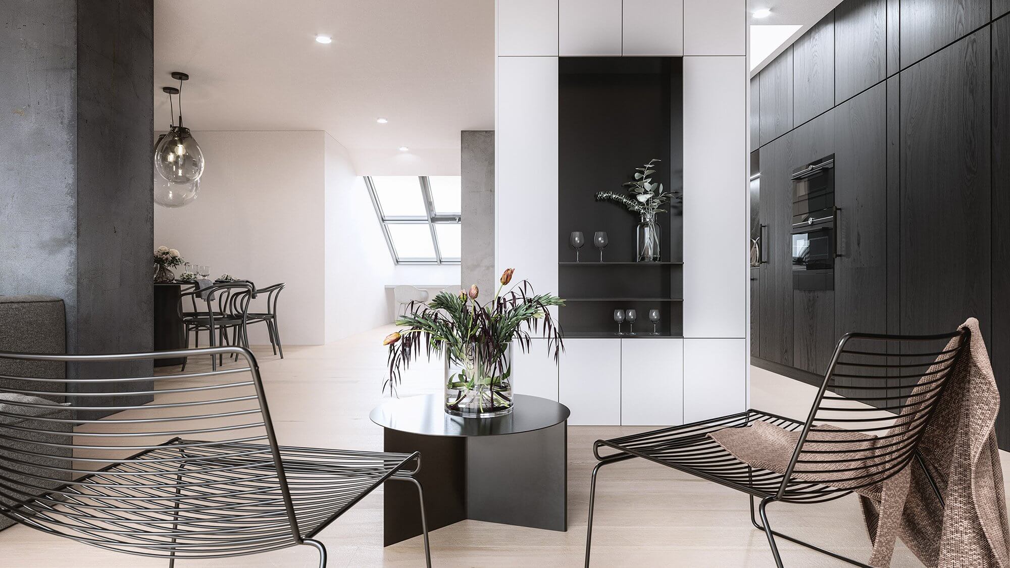 Mánesova Designer Apartment lounge area wire chairs - cgi visualization
