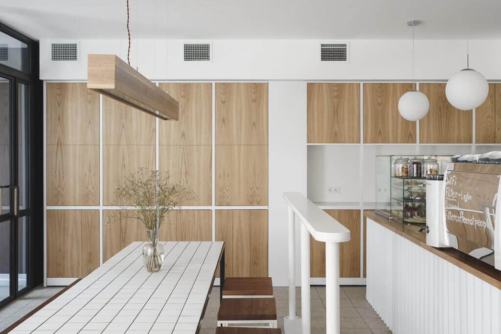 Coffee shop interior design wood wall cabinet - cgi viusalization
