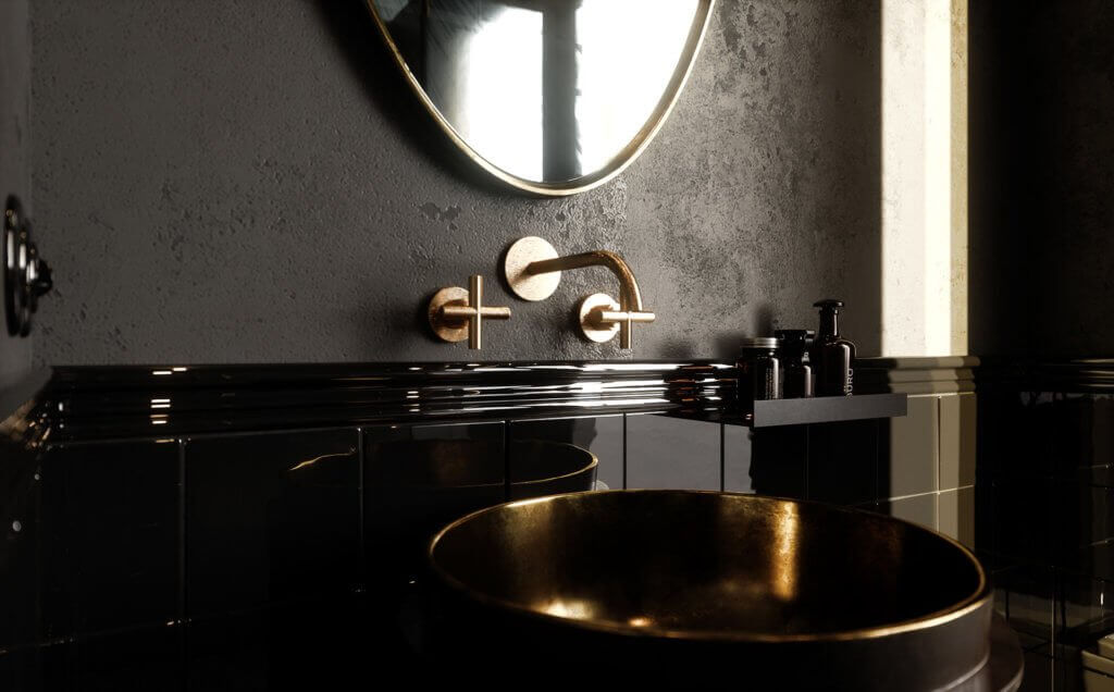 Elegant kitchen & Living design copper mixer sink bathroom detail - cgi visualization