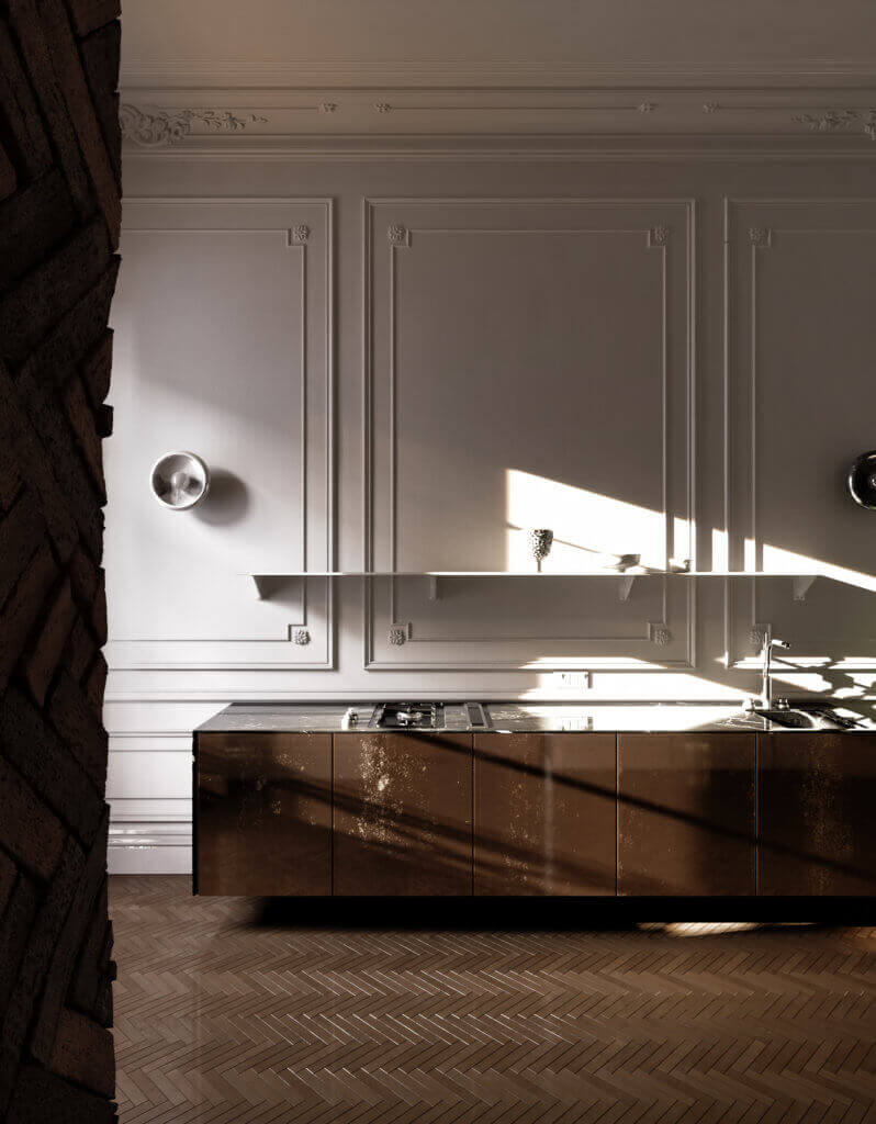 Elegant kitchen & Living design kitchen steel block - cgi visualization