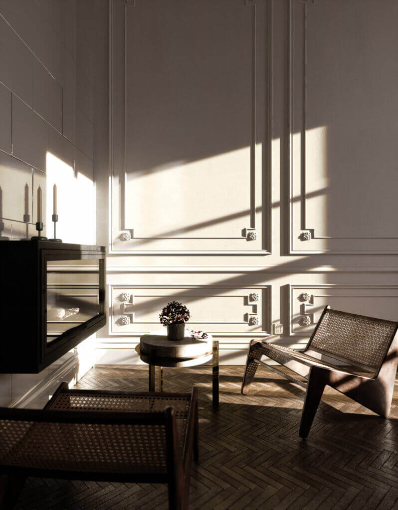 Elegant kitchen & Living design lounge area fire place - cgi visualization