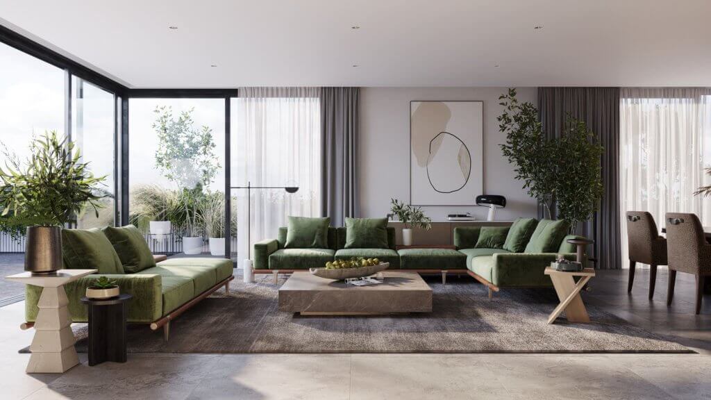 Green Apartment Designer Living & Kitchen sofa couch fabric - cgi visualization
