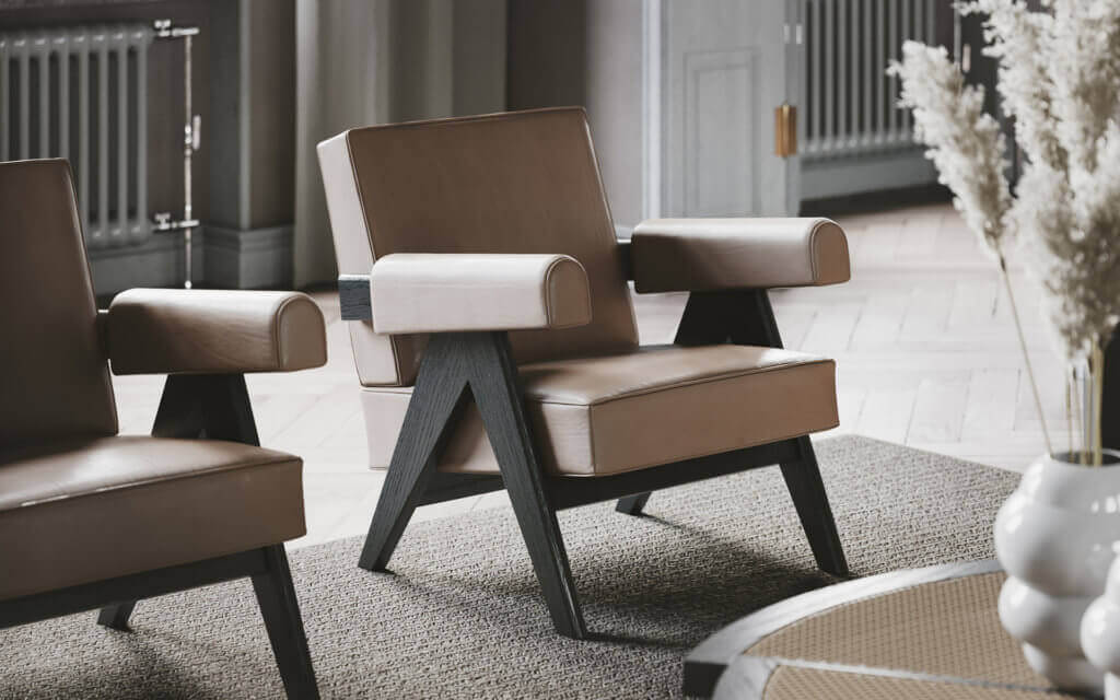 Living & Dining Design lounge area chairs leather brown - cgi visualization