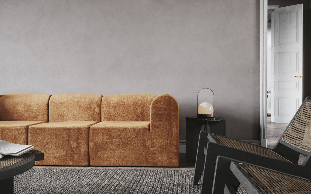 Living & Dining Design lounge area orange couch leather - cgi visualization