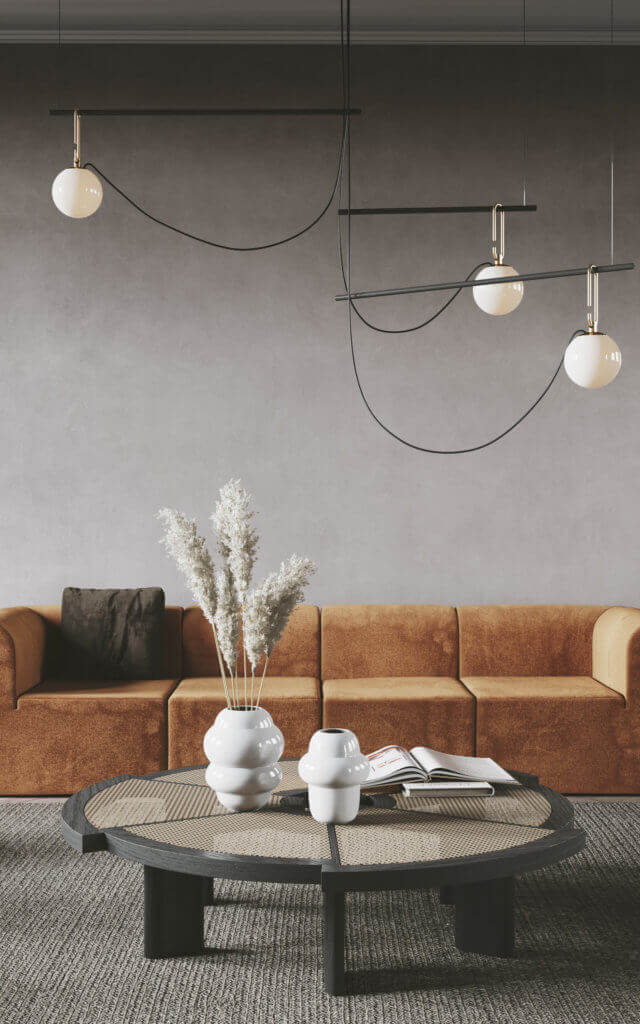 Living & Dining Design lounge area orange couch sofa leather - cgi visualization