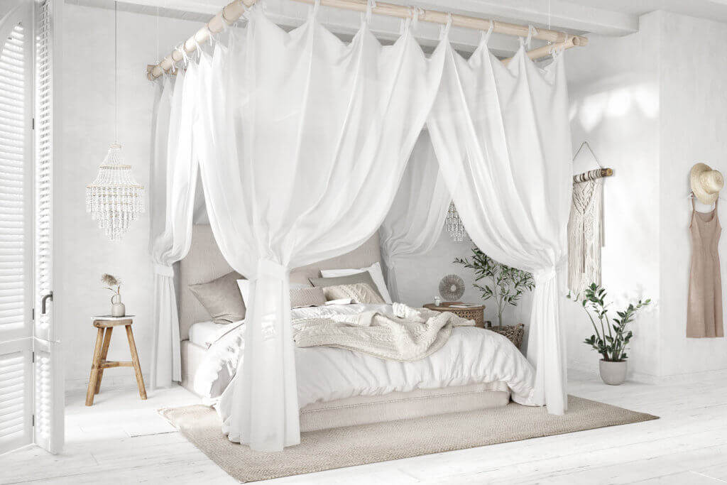 Lovely Boho style interiors bedroom white - cgi visualization
