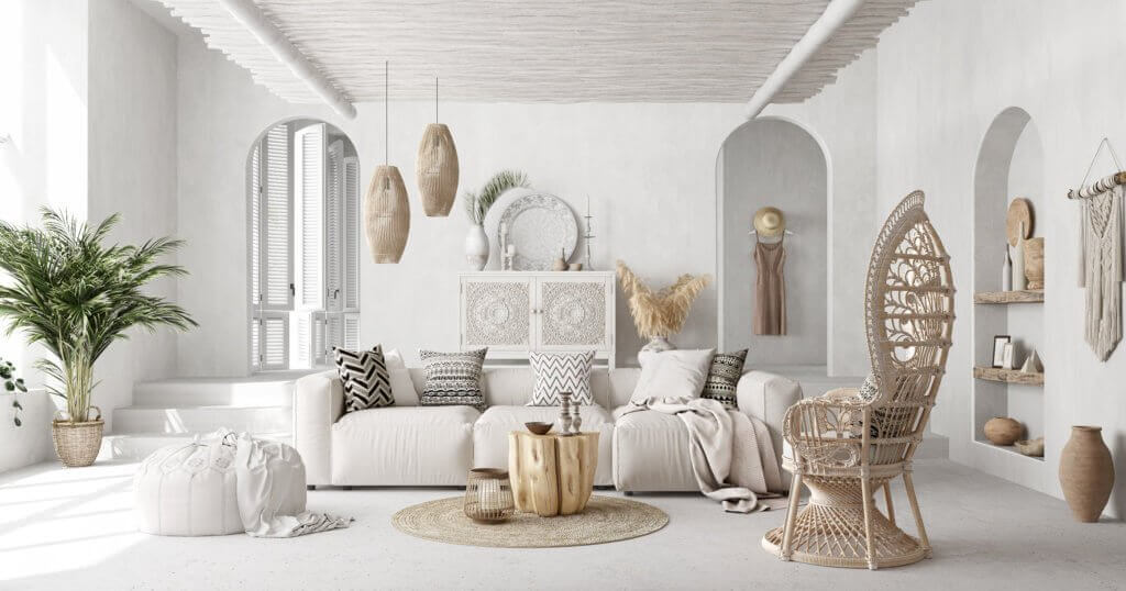 Lovely Boho style interiors couch sofa living room - cgi visualization