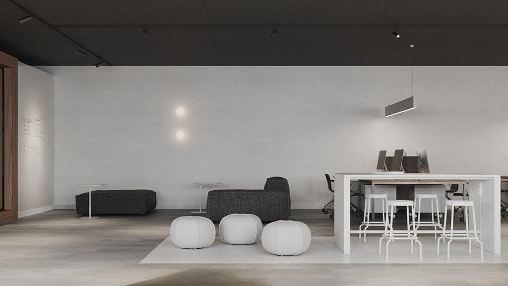 Minimalistic workspace lounge area meeting- cgi visualization