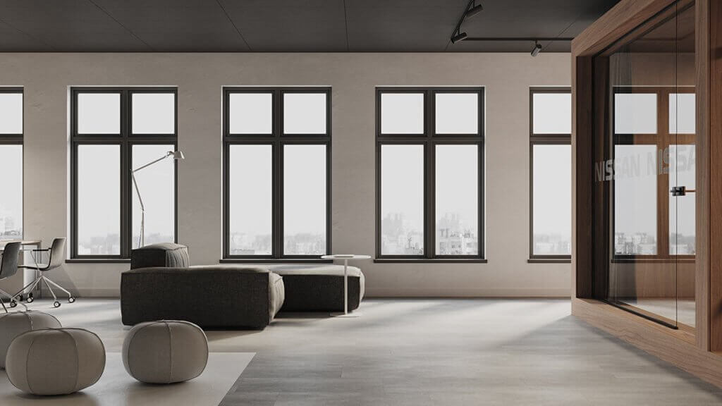 Minimalistic workspace sofa black lounge area - cgi visualization