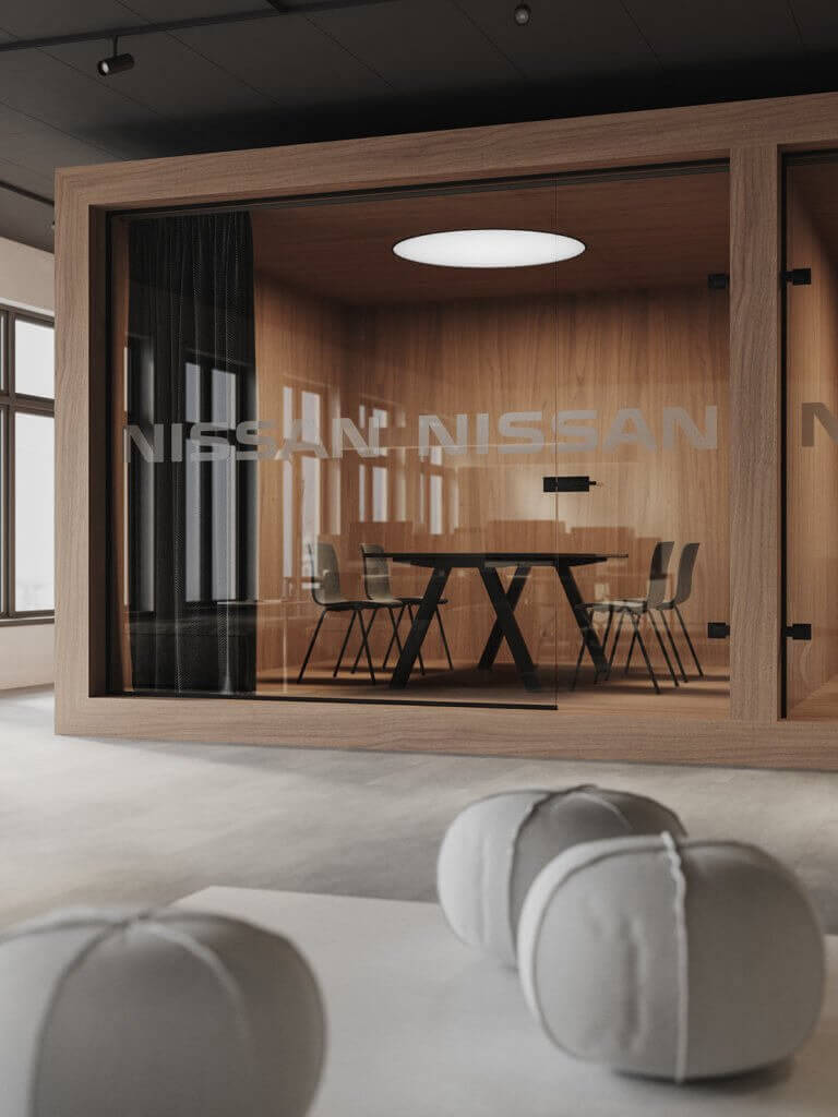 Minimalistic workspace wood meeting area - cgi visualization