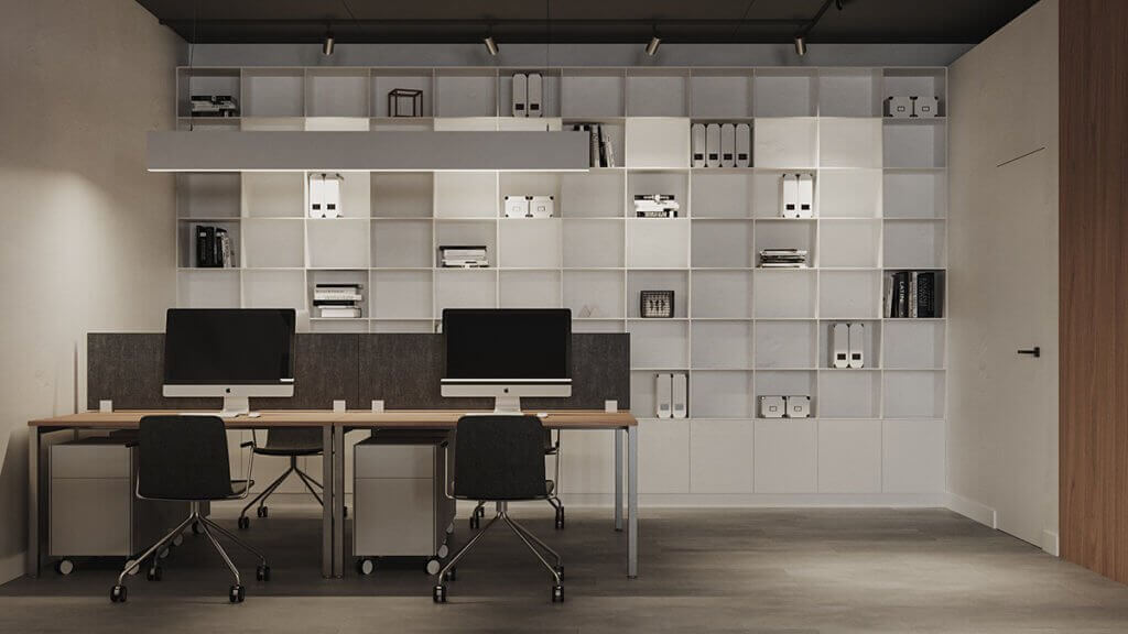 Minimalistic workspace wood meeting area white wallboards - cgi visualization