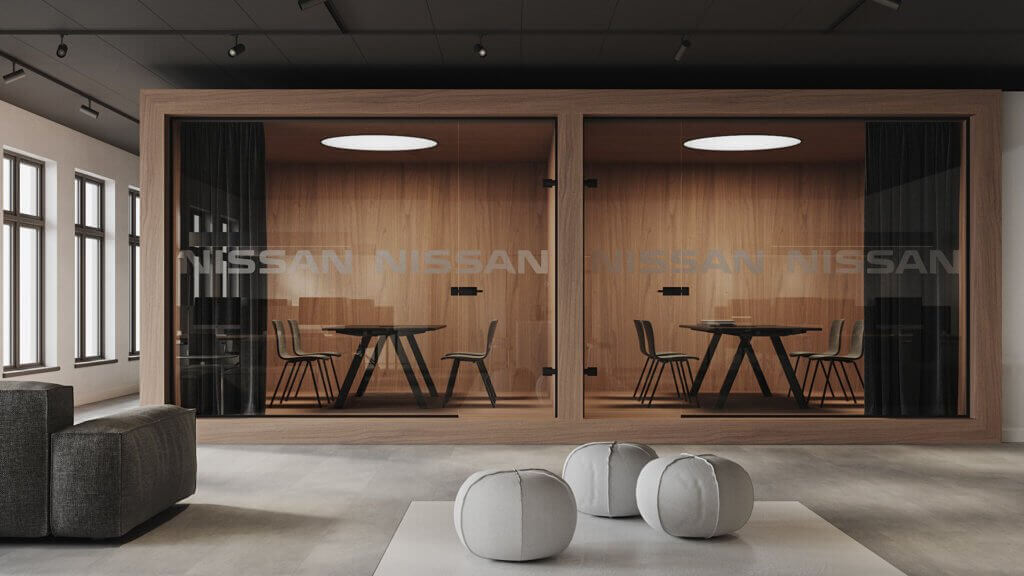 Minimalistic workspace wood wall meeting area - cgi visualization
