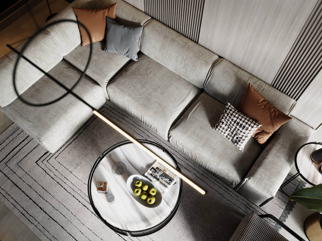Modern living zone couch sofa pendant lamp - cgi visualization