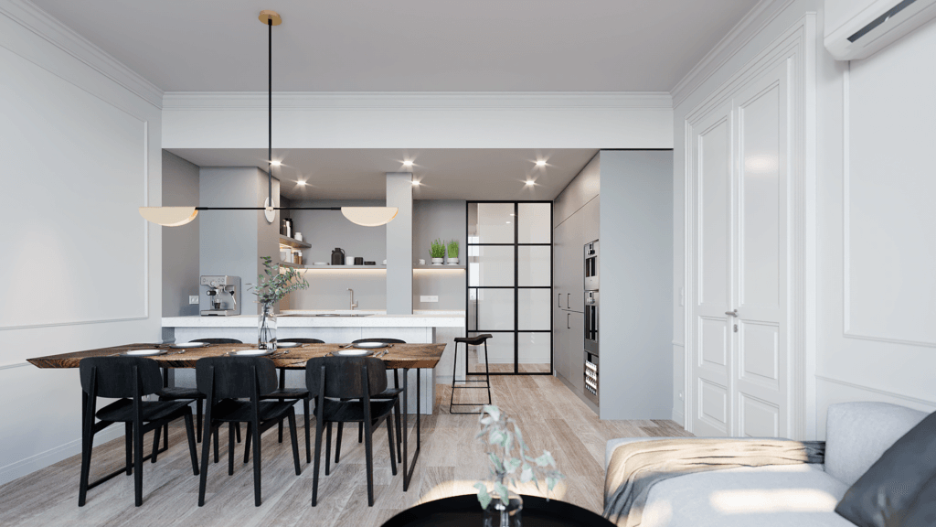 Prague interior apartment design kitchen dining area - cgi visualization