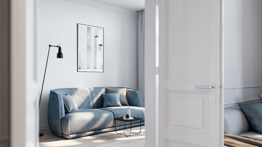 Prague interior apartment design living room blue sofa - cgi visualization