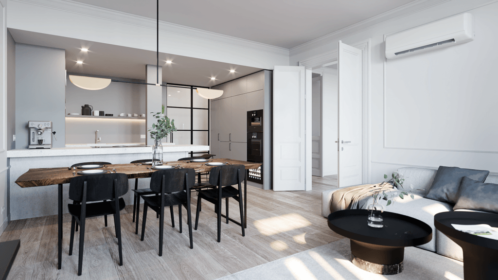 Prague interior apartment design living room kitchen - cgi visualization