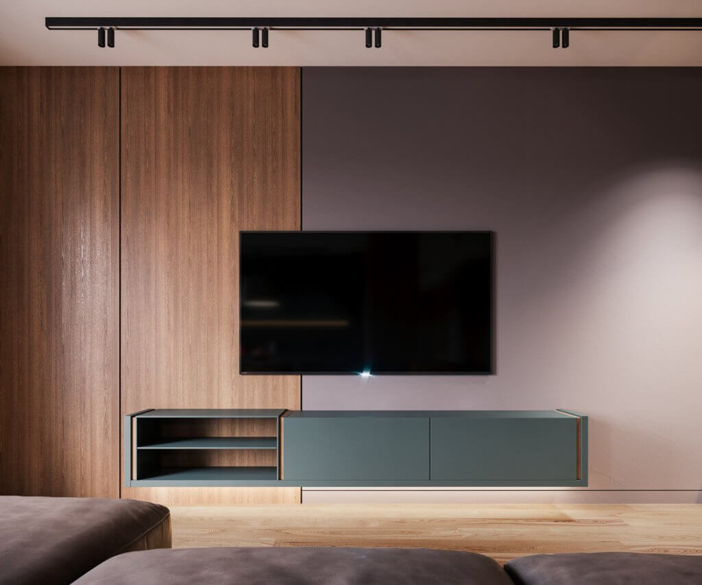 Stunning Living Apartment living room tv wall wood - cgi visualization