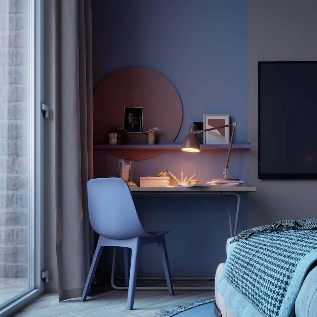 Stunning Pastel bedroom office desk cozy - cgi visualization