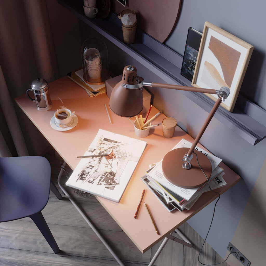 Stunning Pastel bedroom office desk table lamp light on - cgi visualization