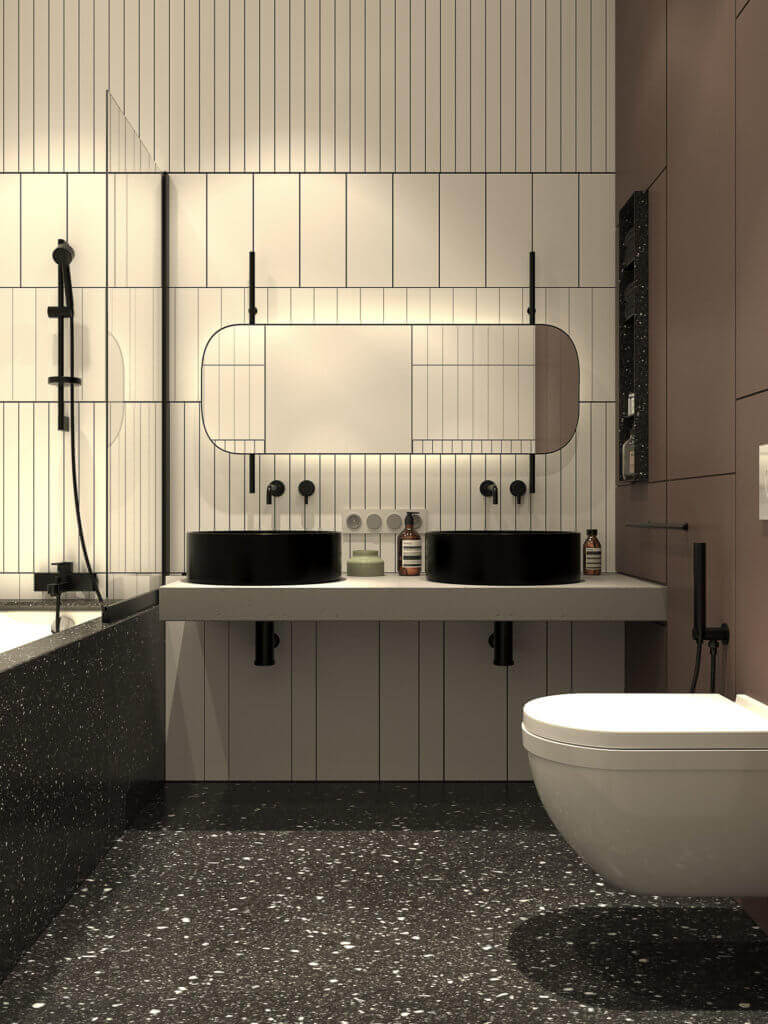 Stylish city apartment bathroom sink cabinet stone - cgi visualization