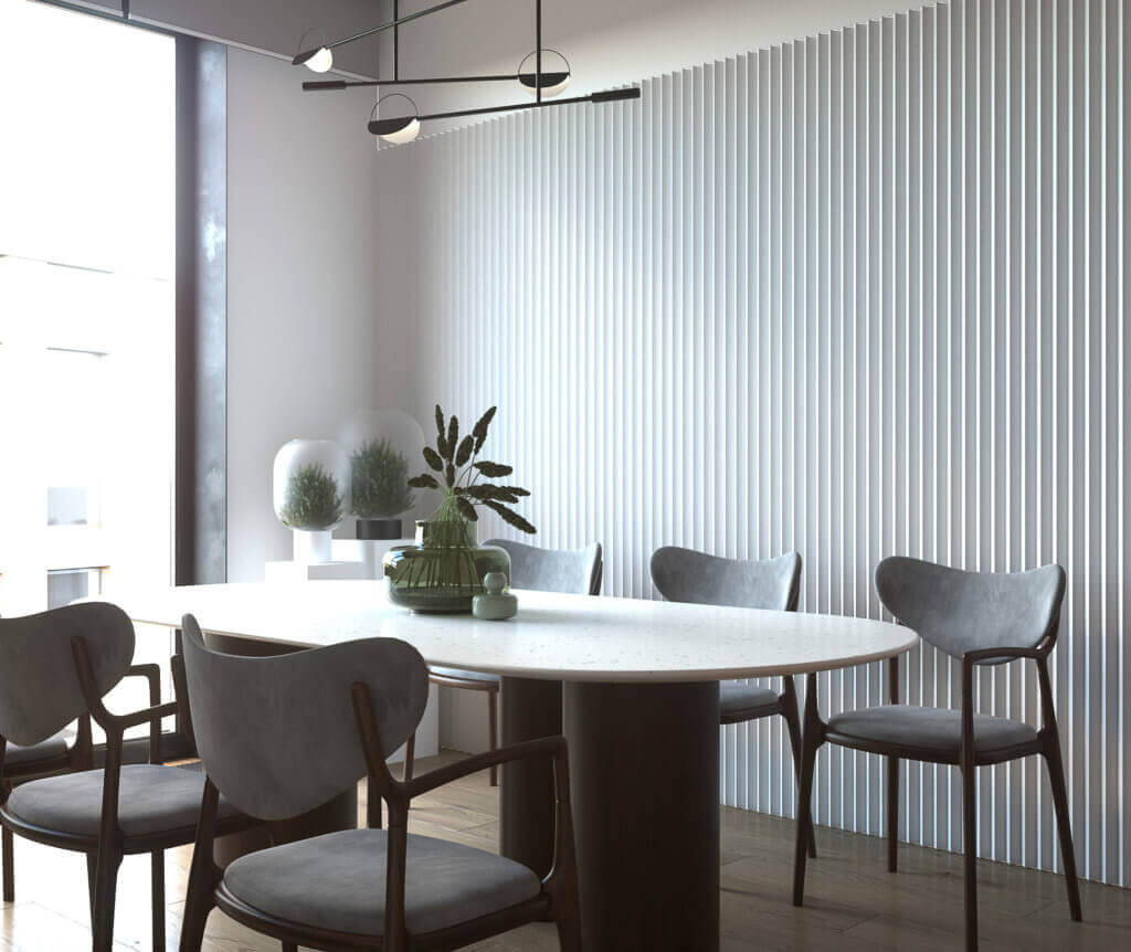 Stylish city apartment dining area round table stone - cgi visualization