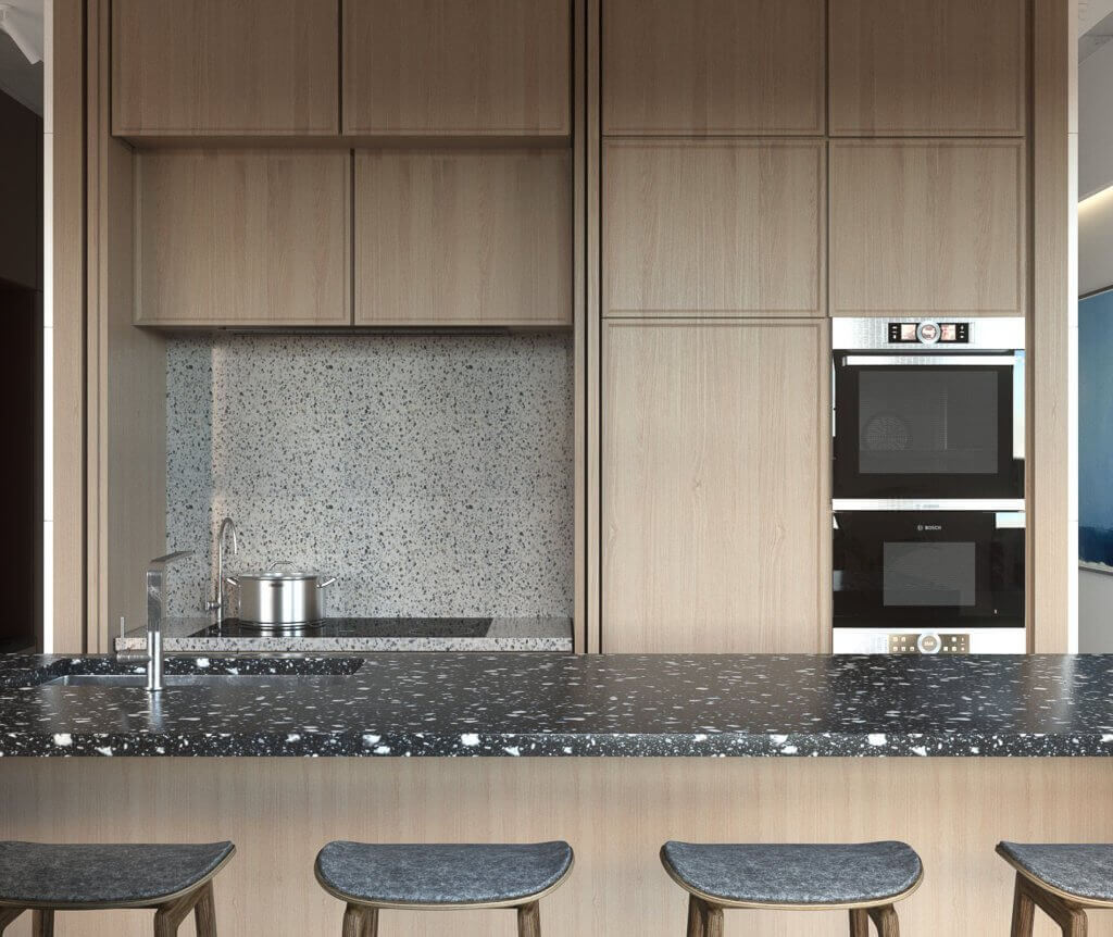 Stylish city apartment kitchen stone top wood front - cgi visualization